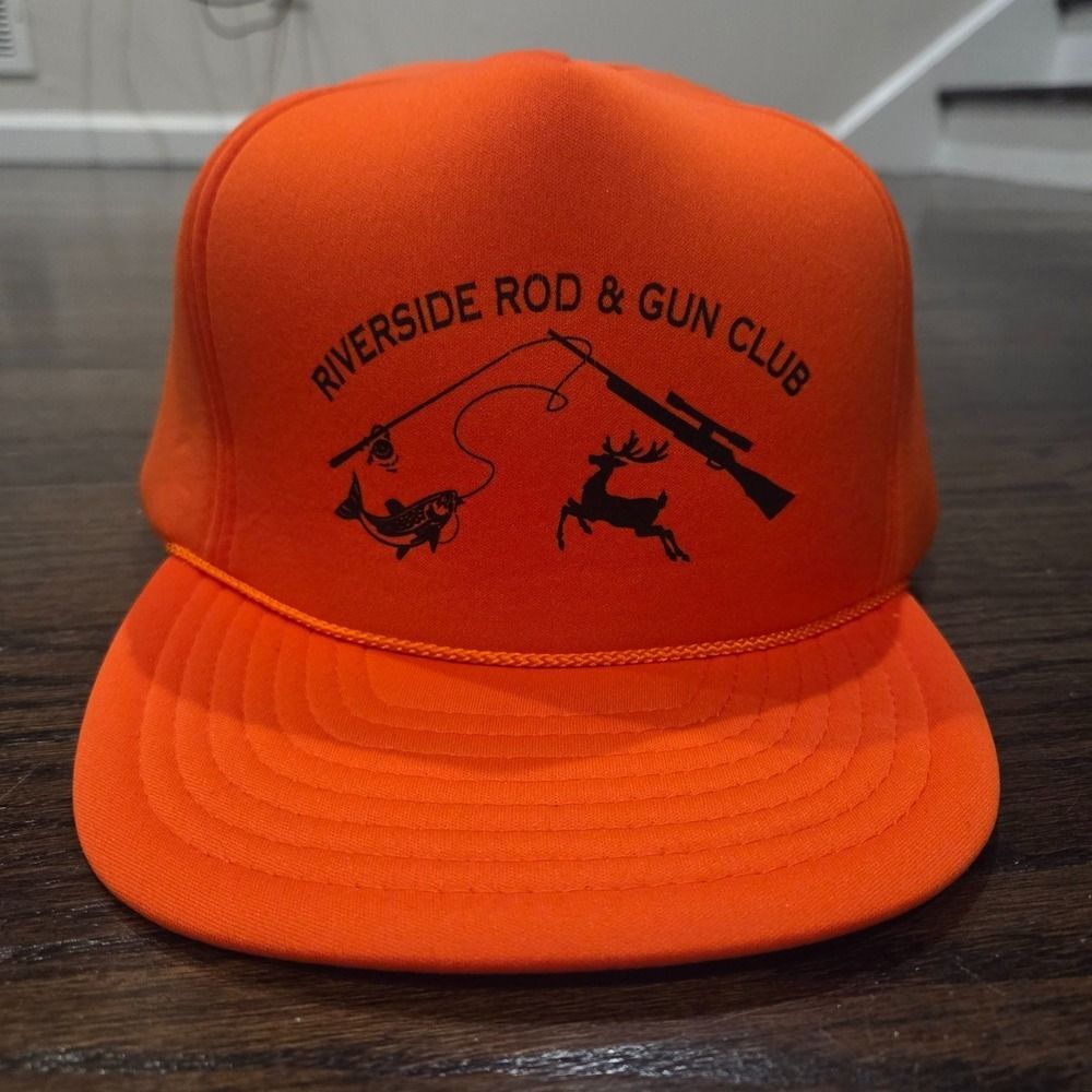 Vintage San Sun Riverside Rod & Gun Club Orange Hunting Fishing Trucker Hat